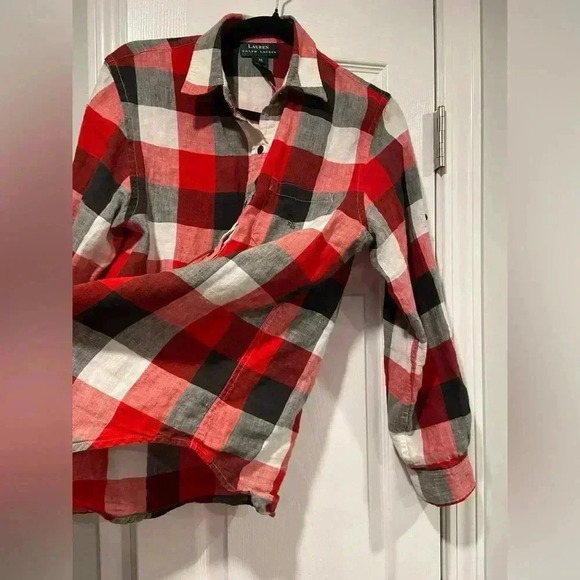 Lauren Ralph Lauren Black Red Plaid 100% Linen Button Down Long Sleeve Size M - Picture 8 of 12
